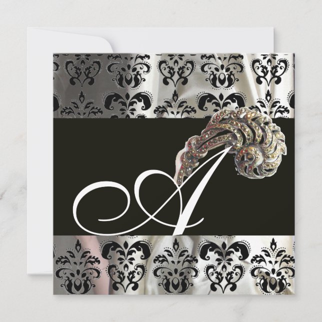INVITATION DIAMANT PLUMES NOIR ARGENTÉ SOIE DAMASSÉ MONOGRAMM (Devant)