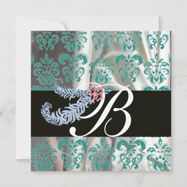 INVITATION DIAMANT PLUMES OR BLEU SOIE DAMASSÉ MONOGRAMME (Devant)