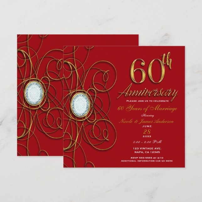 Invitation Diamant rouge et or 60 60e anniversaire (Devant / Derrière)