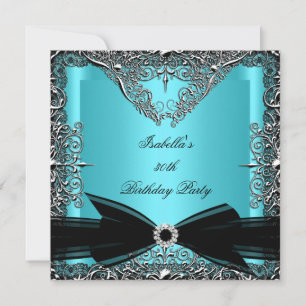 Invitation Diamant Sarcelle Bleu Noir Nœud Argent Fête d'anni