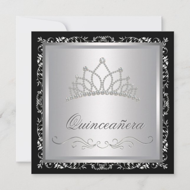 Invitation Diamant Tiara Black Damask Quinceanera (Devant)