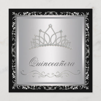 Invitation Diamant Tiara Black Damask Quinceanera