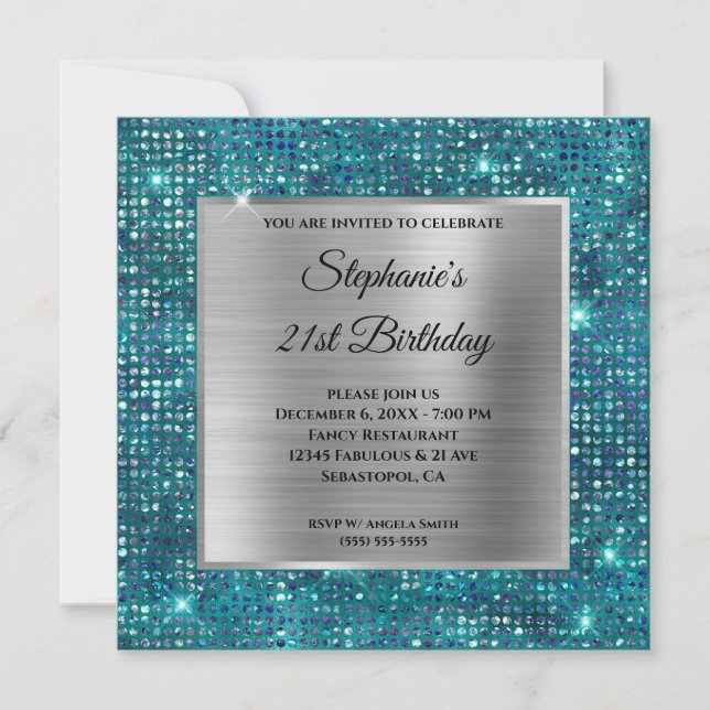 Invitation Diamant Turquoise bleu argenté à huile dorée Anniv (Devant)