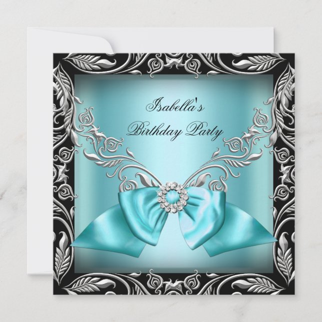 Invitation Diamant Turquoise Bleu Bow Argent Noir fête d'anni (Devant)