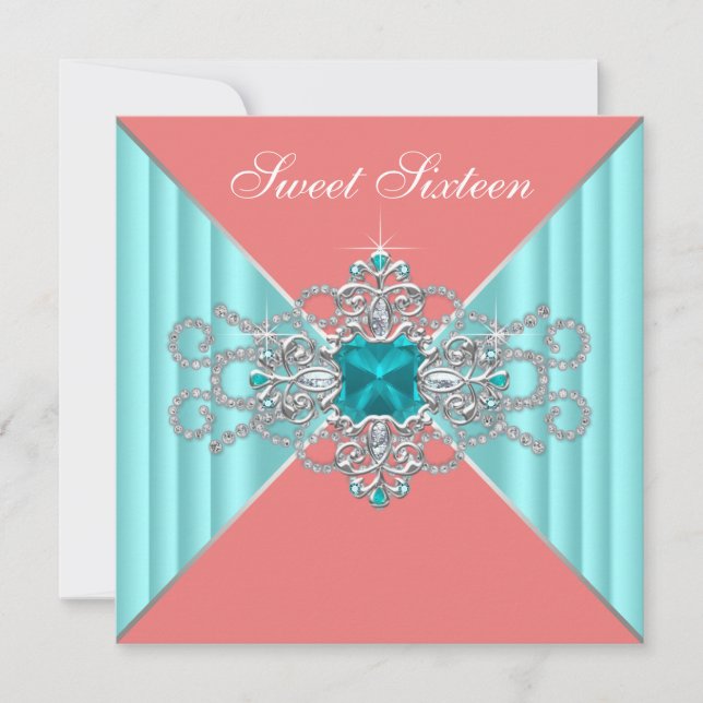 Invitation Diamant Turquoise Bleu Corail Douze Ans Anniversai (Devant)