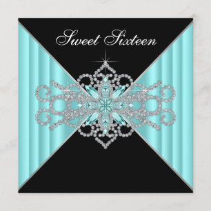 Invitation Diamant Turquoise Bleu et Noir Douce 16e Anniversa