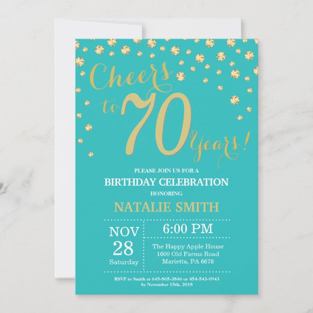 Invitation Diamant turquoise et or 70e anniversaire (Devant)