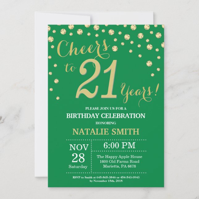 Invitation Diamant vert et or 21e anniversaire (Devant)