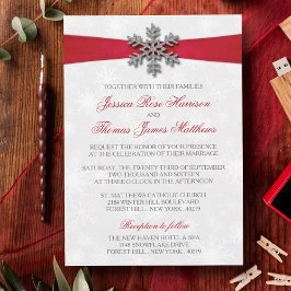 Invitation Diamante Flocon de neige et Ruban rouge Mariage d'