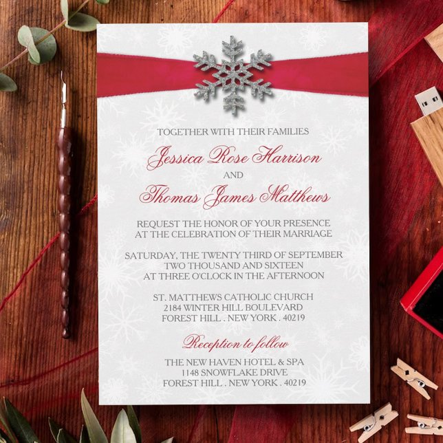 Invitation Diamante Flocon de neige et Ruban rouge Mariage d' (Créateur téléchargé)