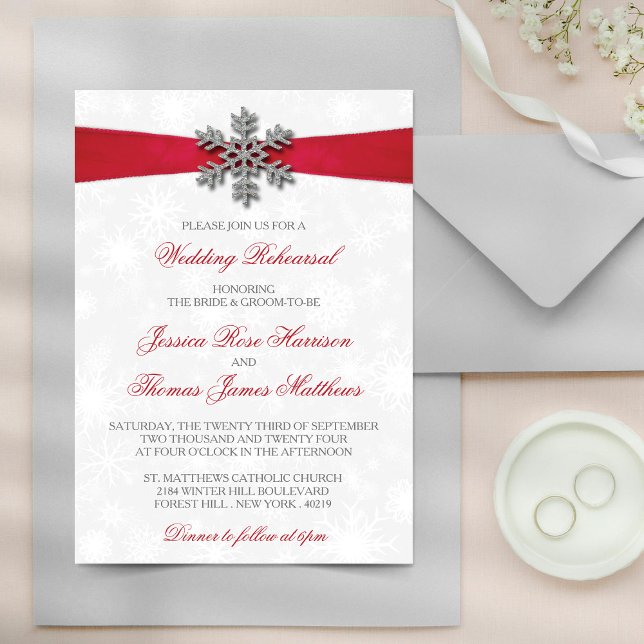 Invitation Diamante Flocon de neige et Ruban rouge Mariage d' (Créateur téléchargé)