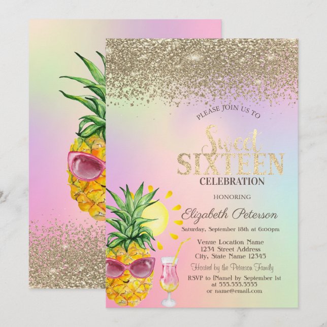 Invitation Diamants, Ananas, Cocktail Holographique Sweet 16 (Devant / Derrière)