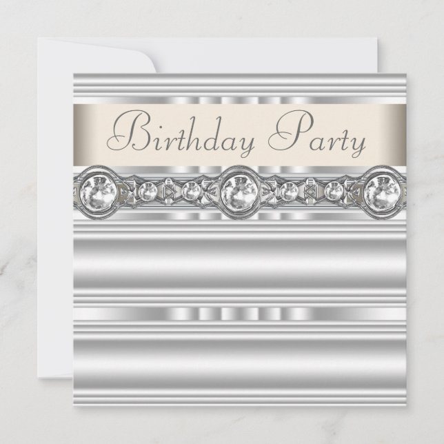Invitation Diamants Argent Crème Ivoire Blanc Fête d'Annivers (Devant)