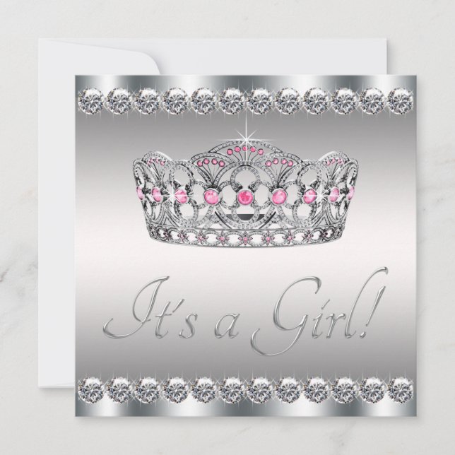 Invitation Diamants Argent Tiara Rose Baby shower noir (Devant)
