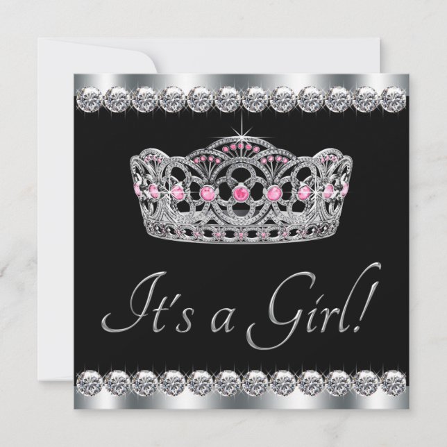 Invitation Diamants Argent Tiara Rose Baby shower noir (Devant)