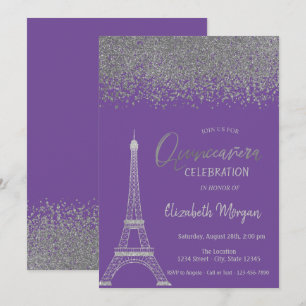 Invitation Diamants Argent,Tour Eiffel Violet Quinceanera