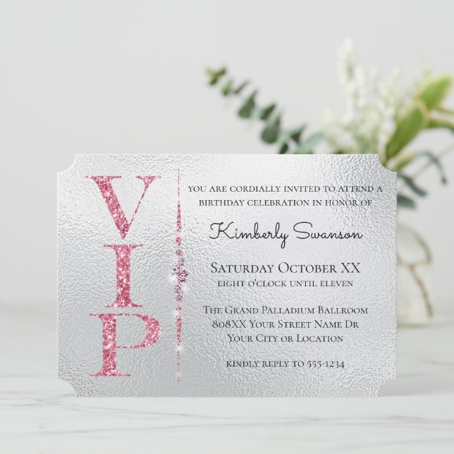 Invitation Diamants argentés glamour Parties scintillant rose (Debout devant)