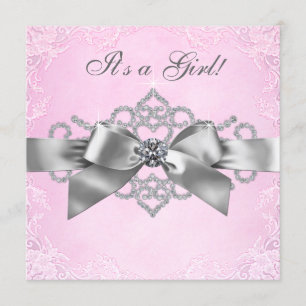 Invitation Diamants blancs Baby shower rose et gris