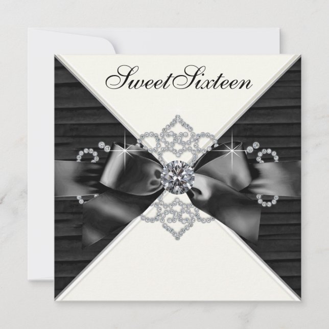 Invitation Diamants blancs Noir Blanc Douceur 16 Anniversaire (Devant)