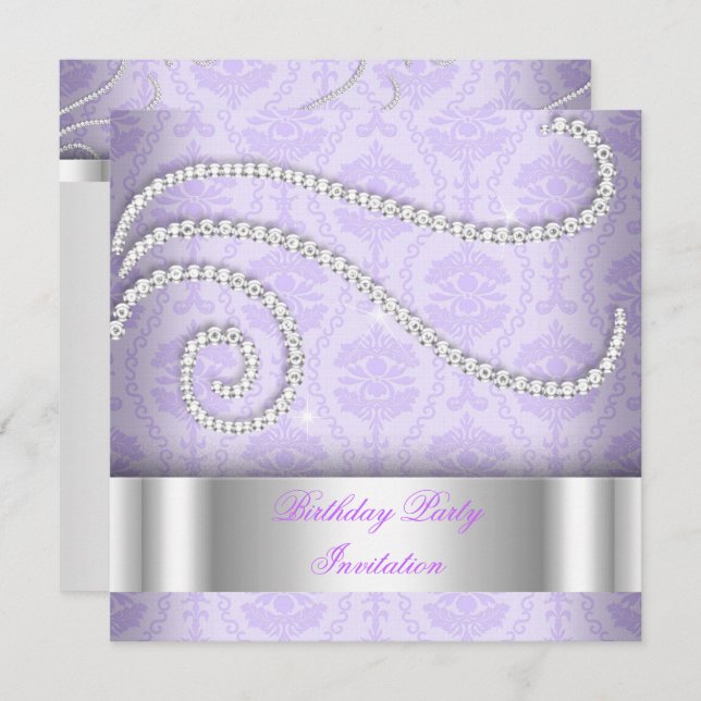 Invitation Diamants blancs violets Damask Anniversaire (Devant / Derrière)