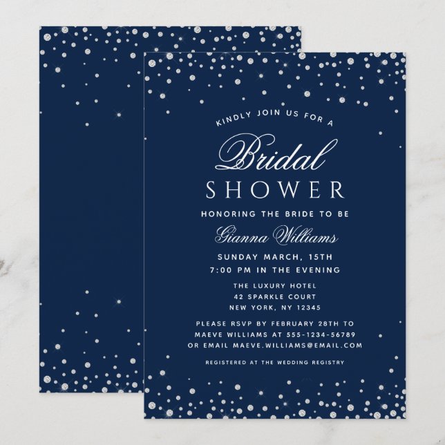 Invitation Diamants bleus Fête des mariées moderne de luxe (Devant / Derrière)