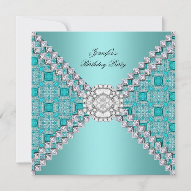 Invitation Diamants bleus turquoises Élégante fête d'annivers (Devant)
