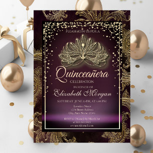 Invitation Diamants Bourgogne Floral Damassé Quinceañera