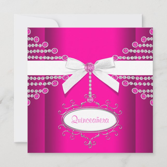Invitation Diamants Bow Quinceanera rose chaud (Devant)