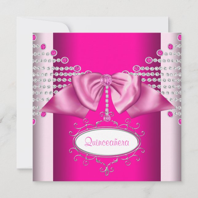 Invitation Diamants Bow Quinceanera rose chaud (Devant)