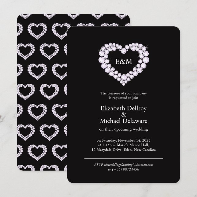 Invitation Diamants dans un coeur noir mariage (Devant / Derrière)