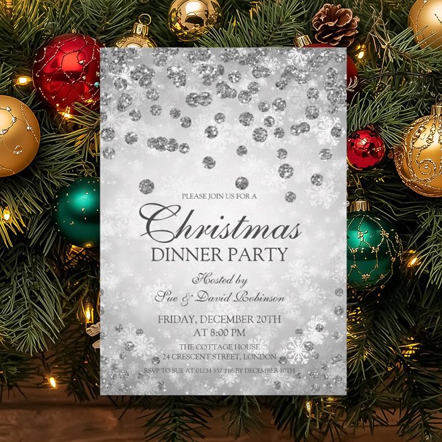 Invitation Diamants d'argent et Parties scintillant fête de N (Silver Diamonds & Glitter Christmas Party Invitation)