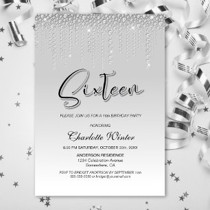 Invitation Diamants d'argent glamour 16e anniversaire Invitat