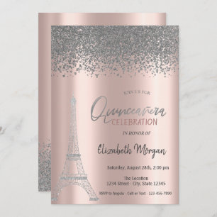 Invitation Diamants d'argent Rose or, Tour Eiffel Quinceanera