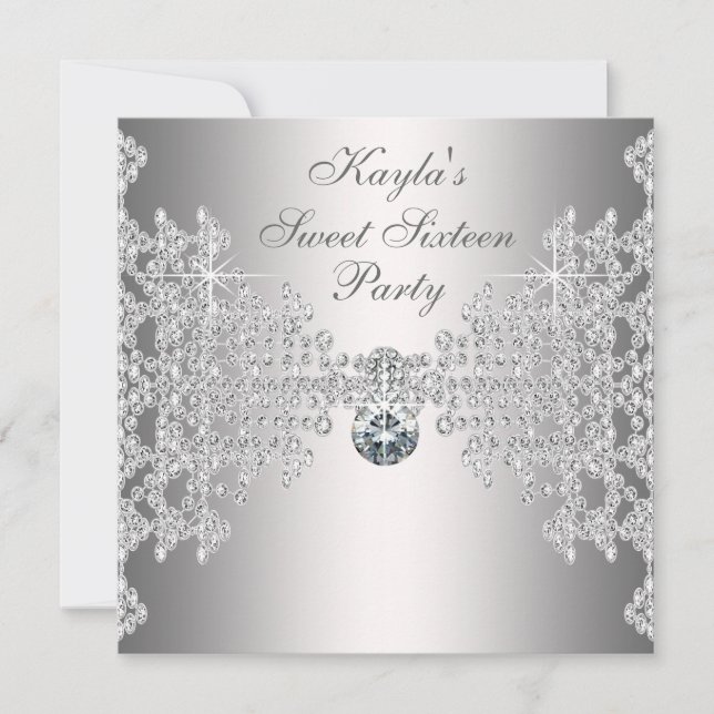 Invitation Diamants d'argent Sweet sixteen blanc fête d'anniv (Devant)
