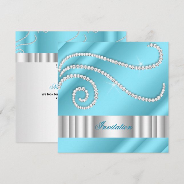 Invitation Diamants de bijoux Bleu Blanc Argent Anniversaire (Devant / Derrière)