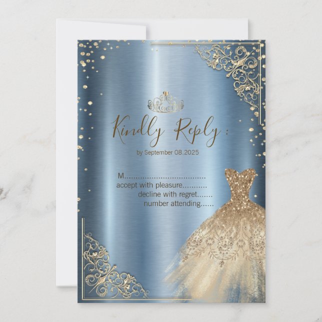 Invitation Diamants de robe or bleu RSVP (Devant)