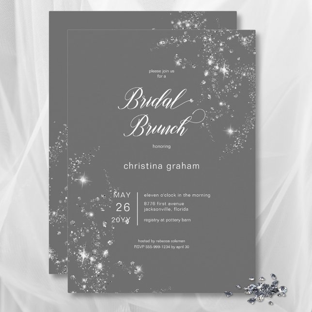 Invitation Diamants de verre gris et blanc moderne Brunch nup (Modern Gray & White Glam Diamonds Bridal Brunch Invitation)