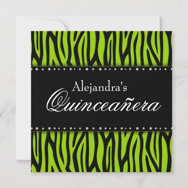 Invitation Diamants de zèbre vert de chaux Quinceanera (Devant)