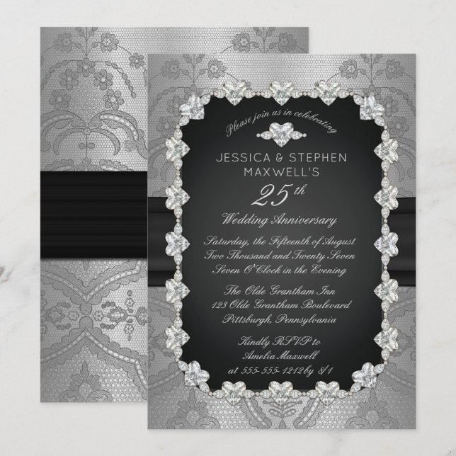 Invitation Diamants | Dentelle 25e anniversaire de mariage d' (Devant / Derrière)