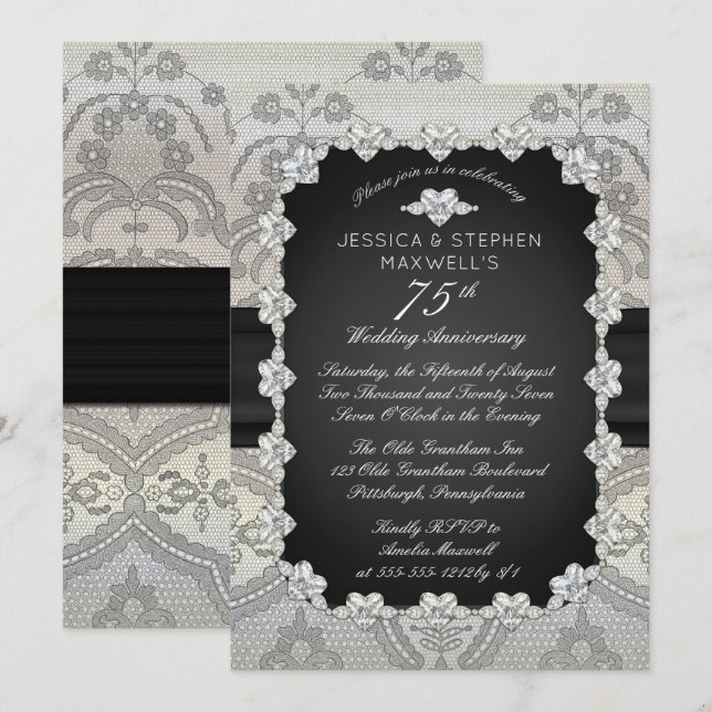 Invitation Diamants | Dentelle 75e anniversaire de mariage (Devant / Derrière)