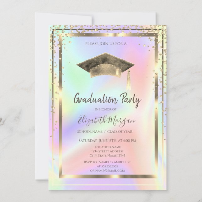 Invitation Diamants d'or, Aquarelle Casquette gradué Holograp (Devant)
