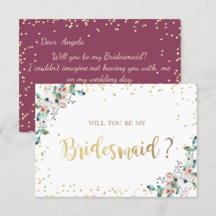 Invitation Diamants d'or Burgundy Flowers Bridesmaid Card