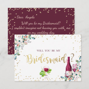 Invitation Diamants d'or Burgundy Flowers Bridesmaid Card