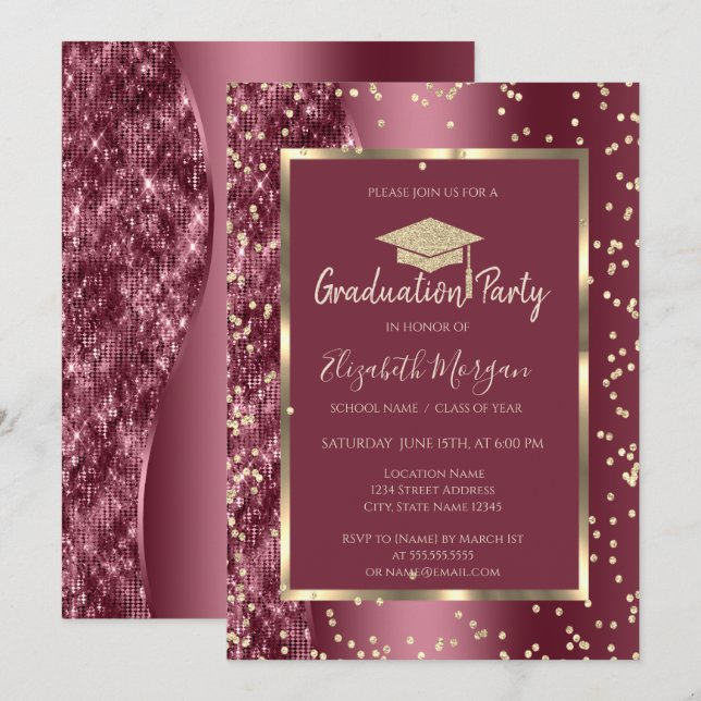 Invitation Diamants d'or Burgundy Parties scintillant Graduat (Devant / Derrière)