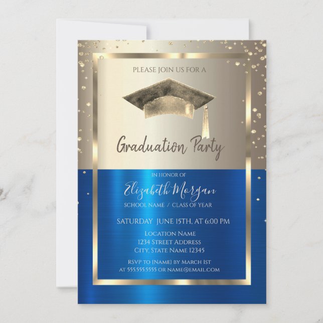 Invitation Diamants d'or Cadre, Aquarelle Casquette d'or bleu (Devant)
