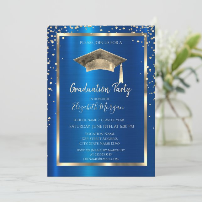Invitation Diamants d'or, Cadre, Bac de graduation Royal Bleu (Debout devant)