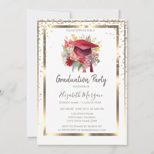 Invitation Diamants d'or, Cadre, Casquette de graduation flor (Devant)