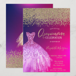 Invitation Diamants d'or, élégante robe chic Quinceañera