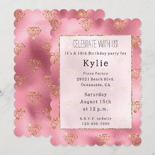 Invitation Diamants d'or en verre rose