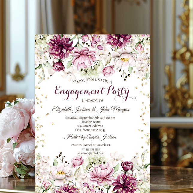Invitation Diamants d'or Fiançailles Fleurs roses (Créateur téléchargé)